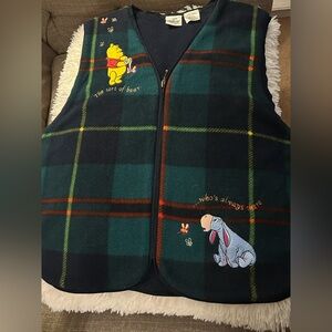 Disney Vest Womens L Winnie The Pooh Tartan Plaid Fleece Embroidered Vintage.